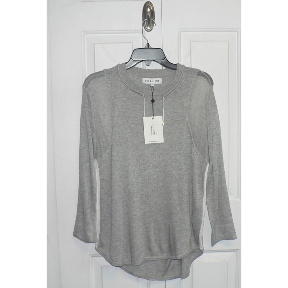 John + Jenn Womens Lightweight Inset Hi-Low Crewneck Sweater in Greyzing LG $110